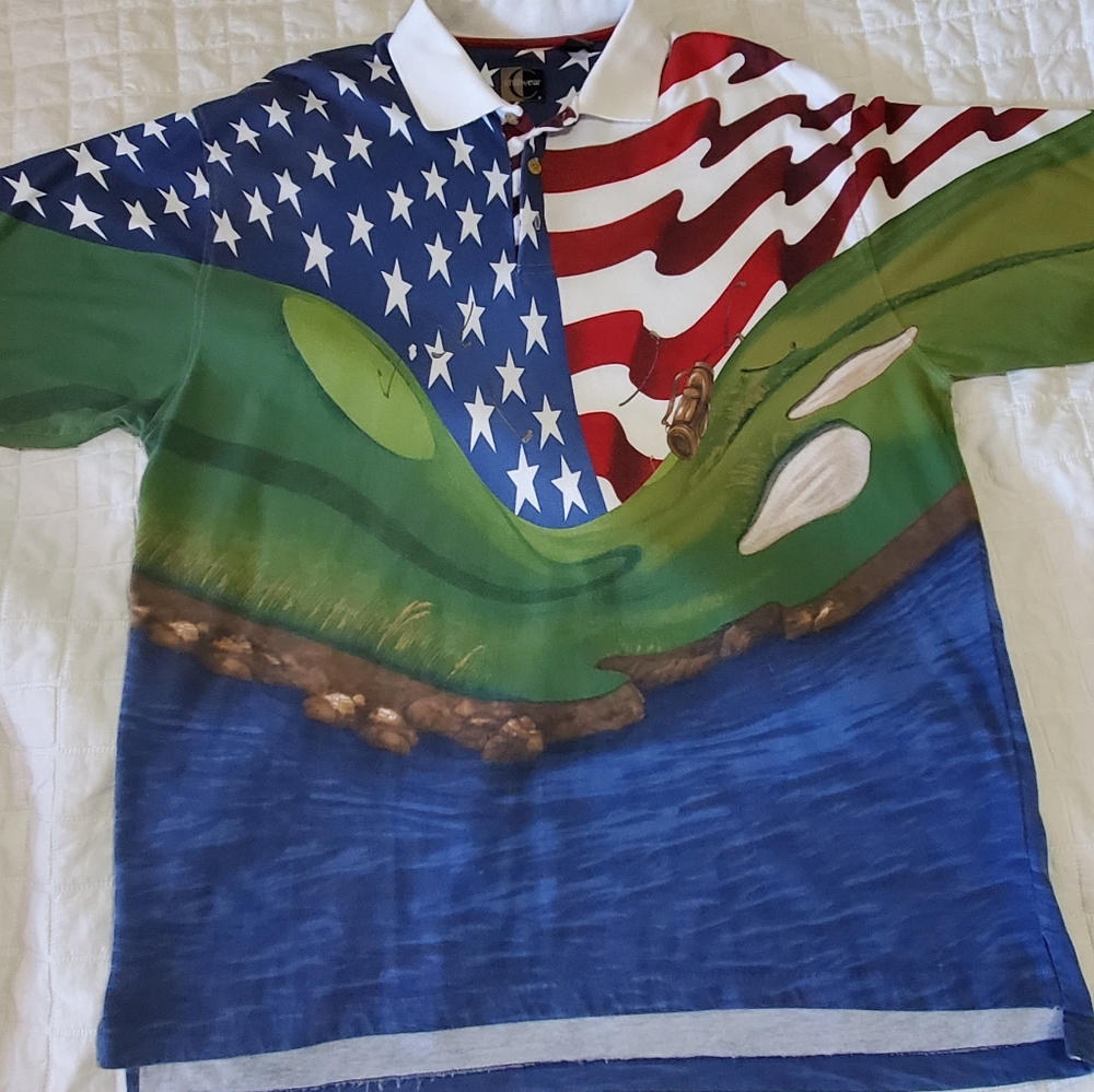 Vtg Golf Polo Chiliwear Flag Red White Blue All Over Print Collared Grandpa XXL